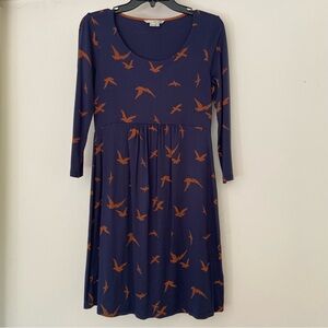 Boden Navy Scoop Neck 3/4 Sleeve Dress With Brown Print Birds Size 8 Regular
